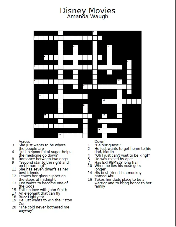 Disney Movies Crossword Puzzles Printable