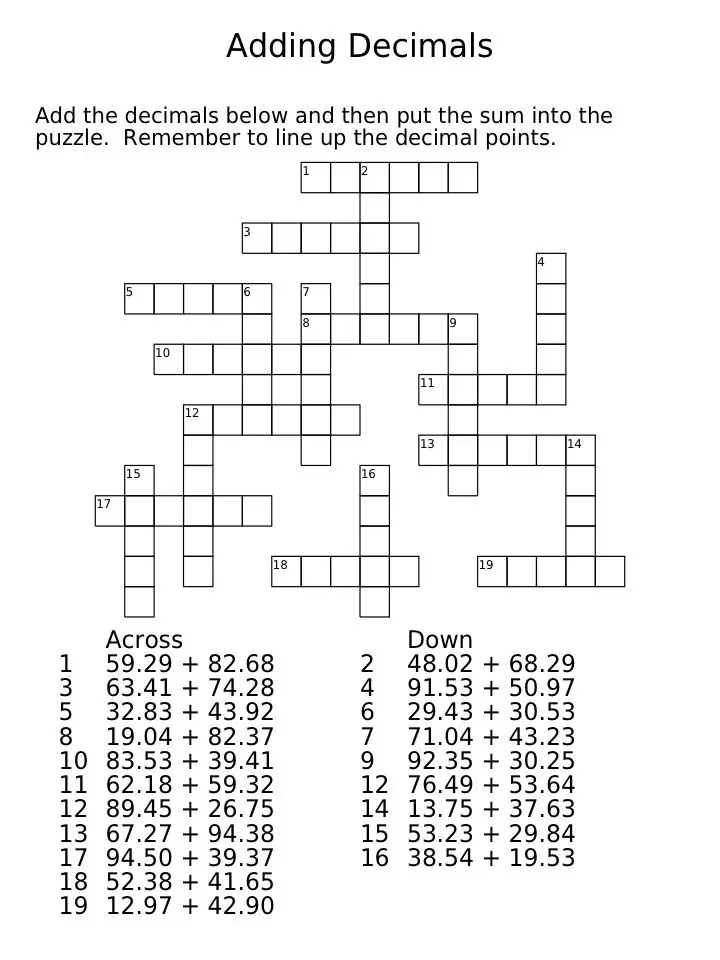 Free Printable Math Crossword Puzzles