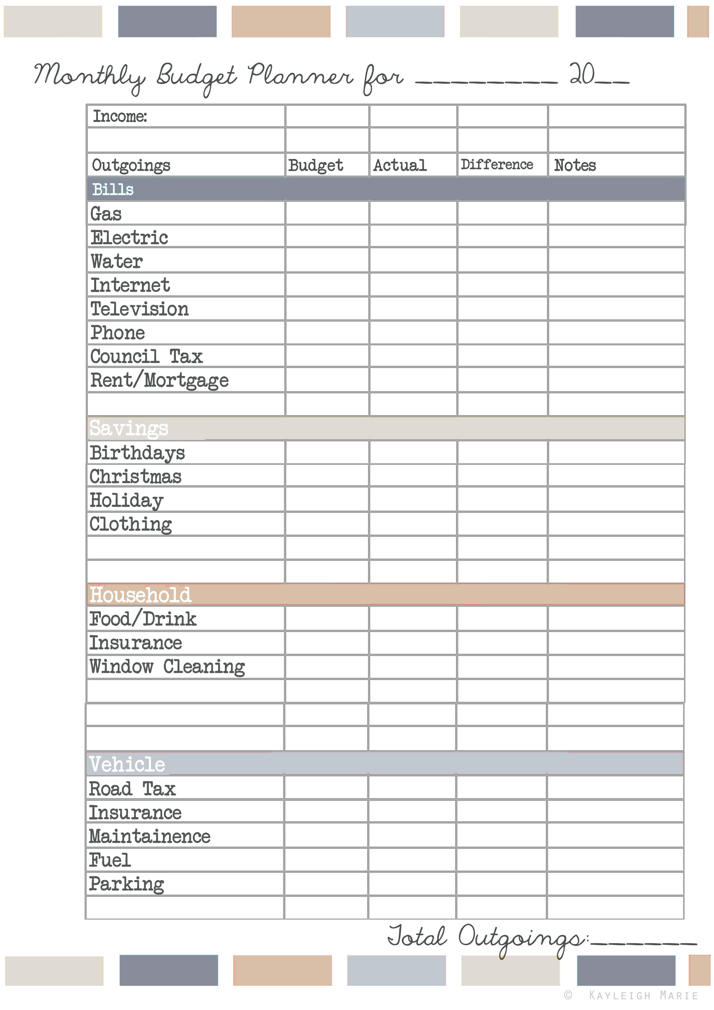 monthly budget planner template printable