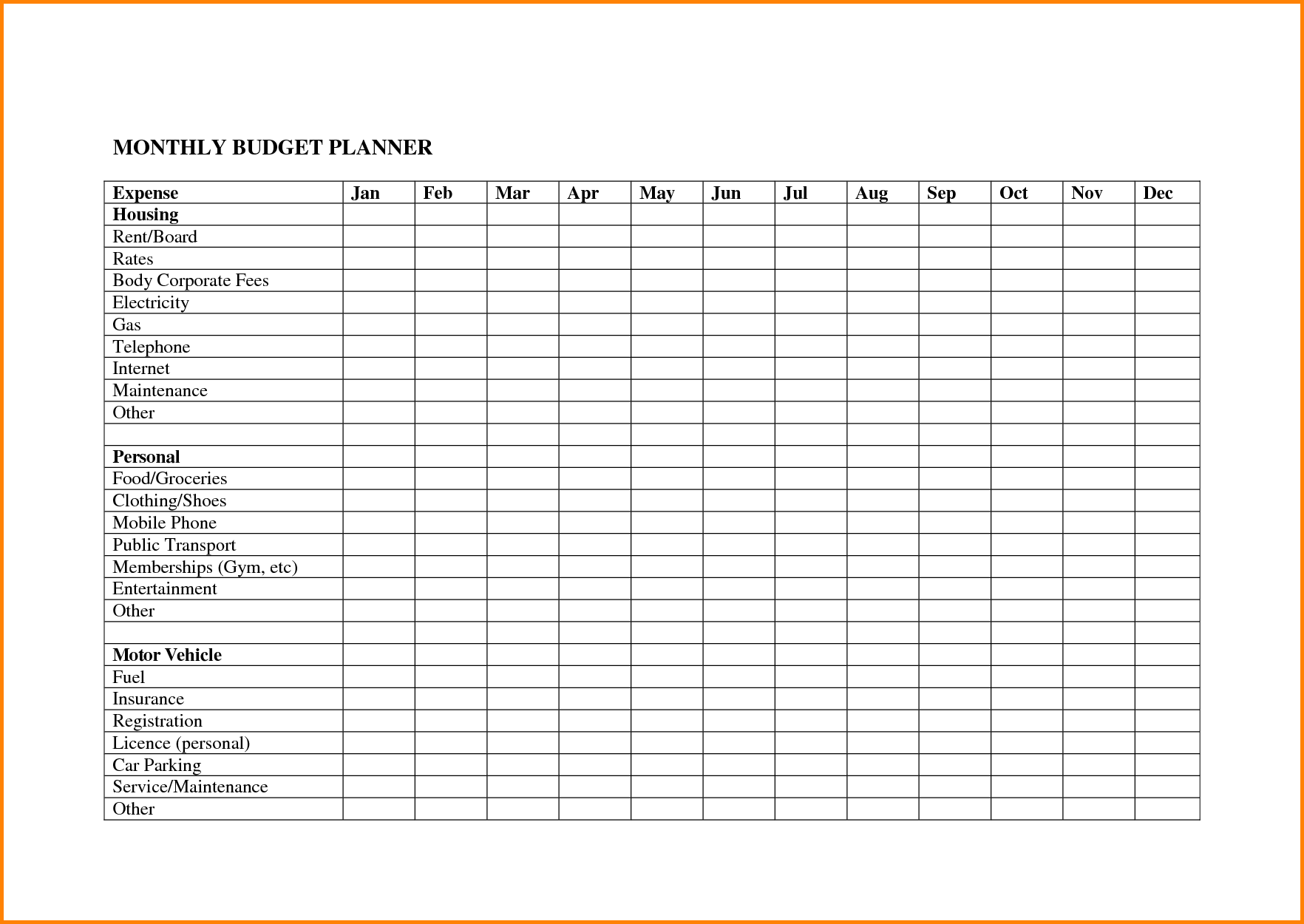 business monthly budget planner template