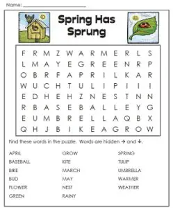 Spring Word Search Kindergarten