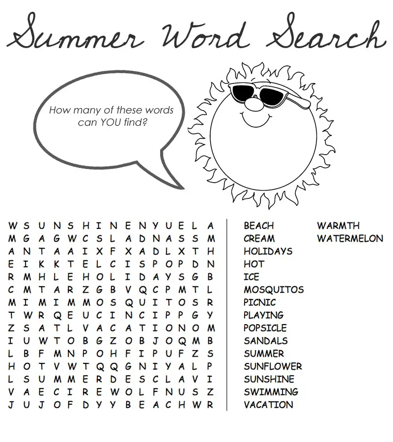 Hard Summer Word Search Printable