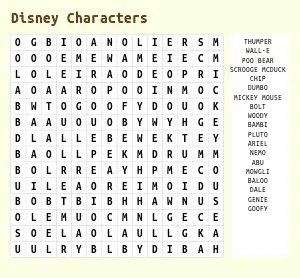 Hard Disney Word Search