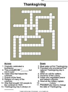 Thanksgiving Crossword Puzzle Middle School