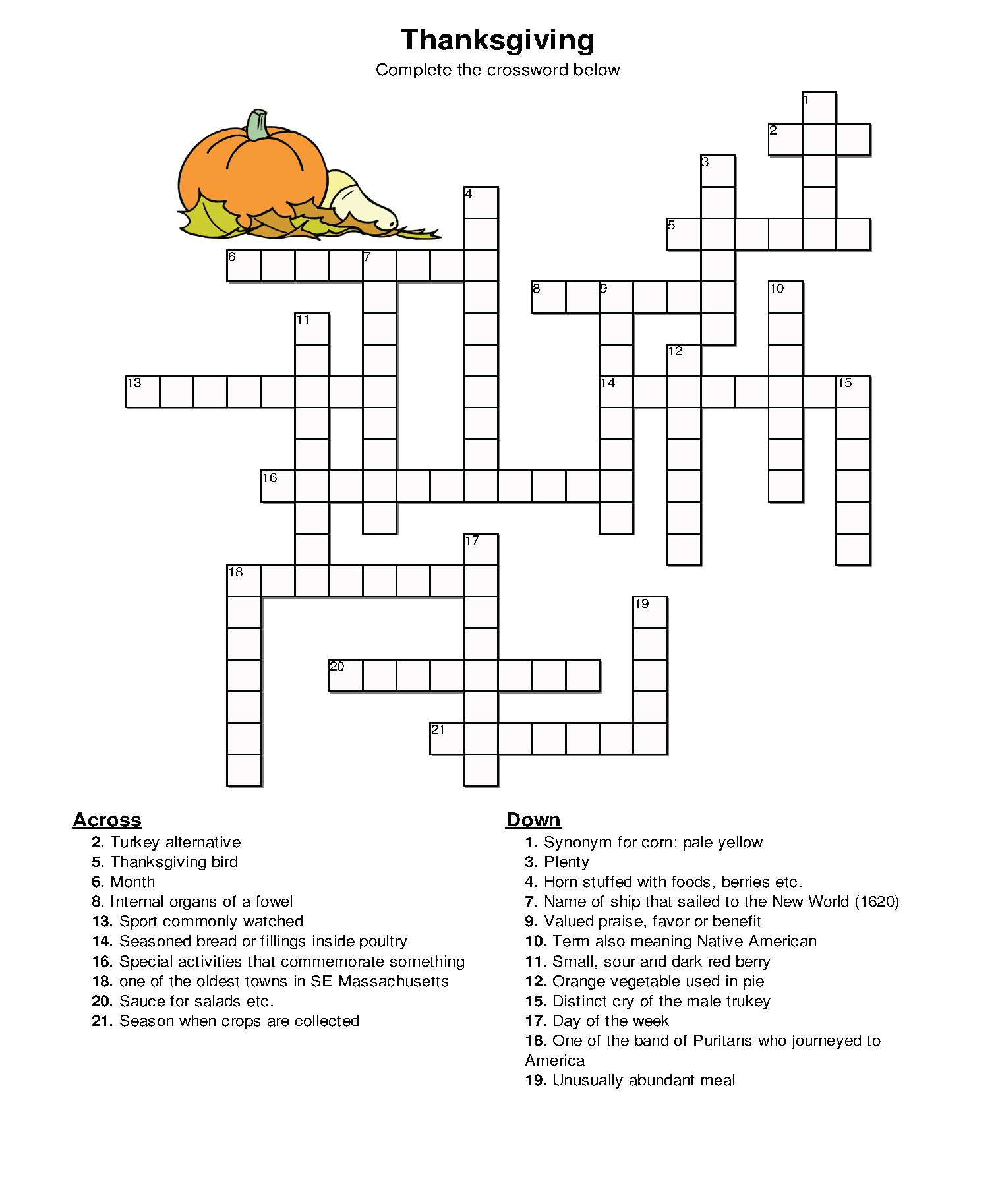 Printable Thanksgiving Crossword Puzzles For Middle School