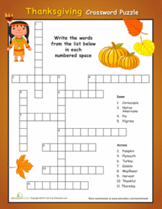 Thanksgiving Crossword Puzzle With Word Bank