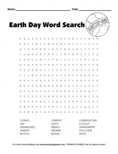 Earth Day Word Search High School