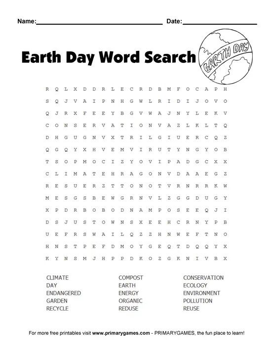 20 Earth Day Word Searches Kitty Baby Love