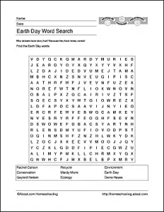 Earth Day Wordsearch for Kindergarten