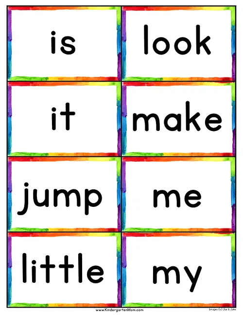 pre primer sight words flash cards pictures to color