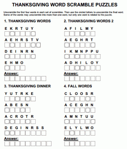 Thanksgiving Themed Word Scramble