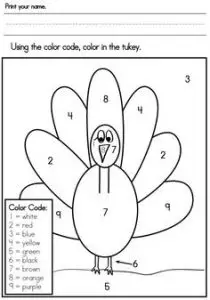 Color by Number Turkey Preschool