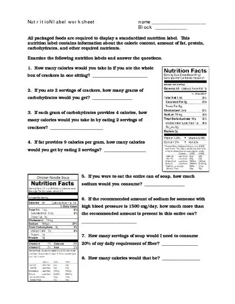 Free Printable Food Label Worksheets