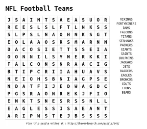 Football Word Search Puzzle NFL Teams