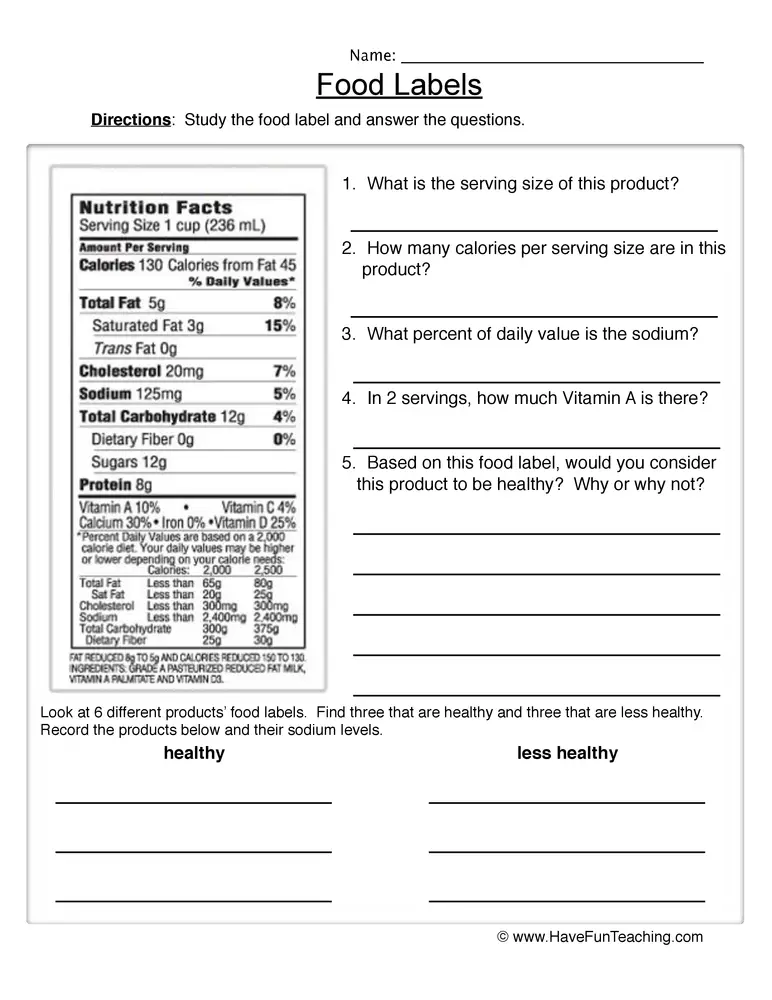 Nutrition Label Worksheet Answer Key Pdf Besto Blog