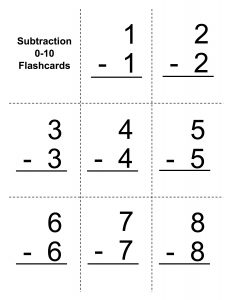 Single Digit Subtraction Flash Cards