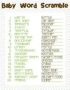 Answers to Baby Shower Word Scramble