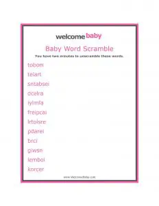 Baby Shower Word Scramble Hard