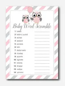 Baby Shower Word Scramble Owl