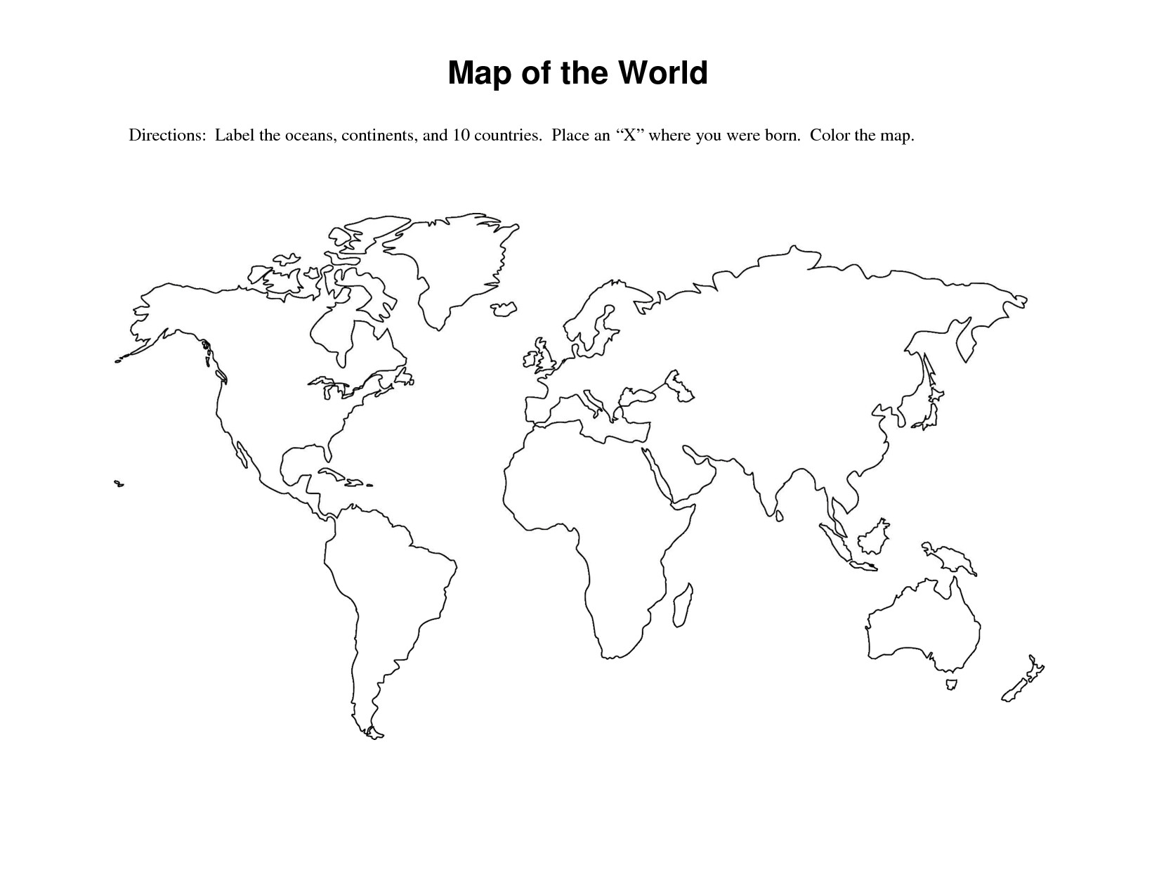 world map and oceans outline numbered