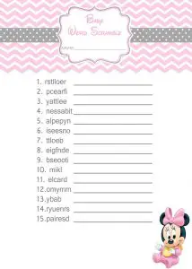 Minnie Mouse Baby Shower Word Scramble
