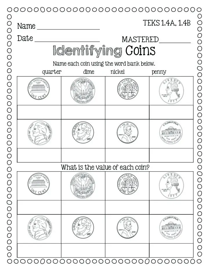 Second Grade Math Worksheets Identifying Coins Check In Identifying