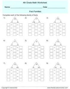 Addition and Subtraction Fact Families Worksheets