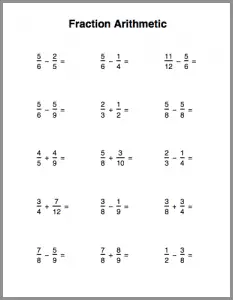 Addition and Subtraction of Fractions Worksheets