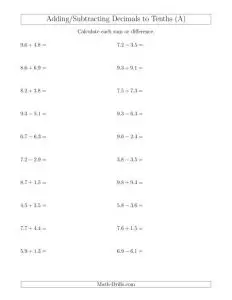 Addition and Subtraction of Whole Numbers and Decimals Worksheet