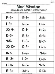 Basic Addition and Subtraction Facts to 20 Worksheets
