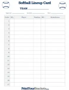 Slow Pitch Softball Lineup Card