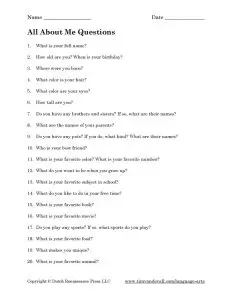 All About Me Question For Kids Worksheet