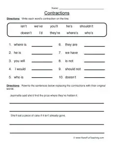 Free Printable Contraction Worksheets for Kids
