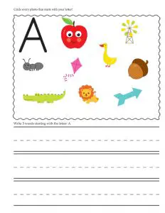 Pictures that Start With the Letter A Worksheets