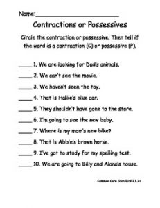 Possessive Pronouns and Contractions Worksheet