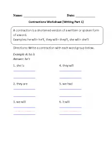 Pronoun Verb Contractions Worksheet