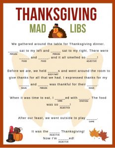 Silly Thanksgiving Mad Libs Dinner