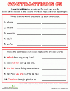 Worksheet on Contractions for Grade 5