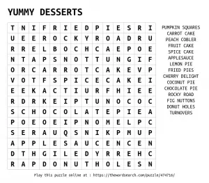 Printable Desserts Word Search for Kids