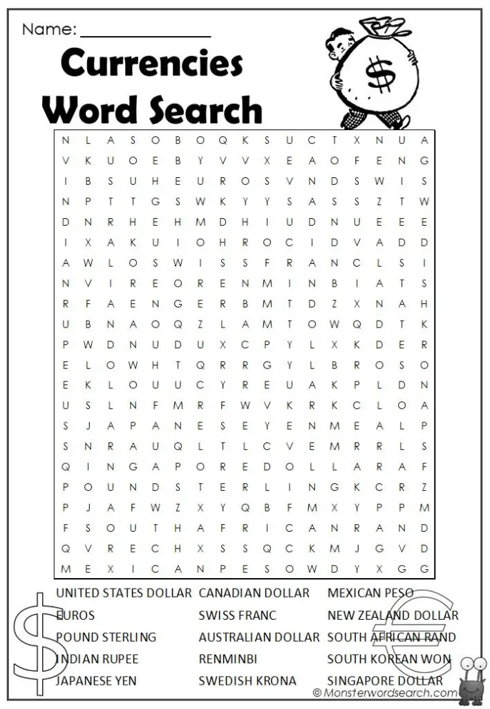 11 Thrilling Currencies Word Searches Kitty Baby Love