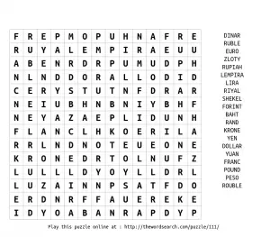 World Currencies Free Word Search Puzzle