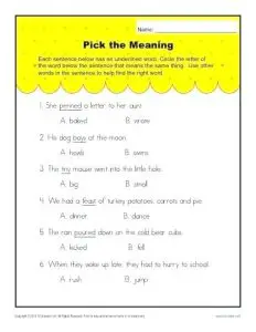 Context Clues Multiple Meaning Words Worksheets