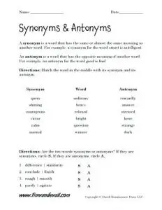 Context Clues Using Synonyms and Antonyms Worksheets