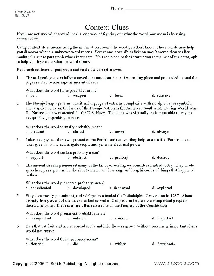 Context Clues Worksheets Multiple Choice 8th Grade