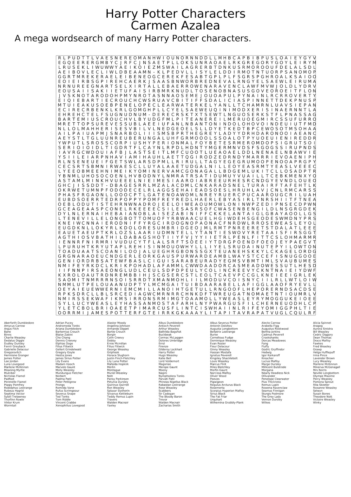 Harry Potter character word search