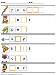 Missing Letters In Words Worksheets for Kindergarten Preschool