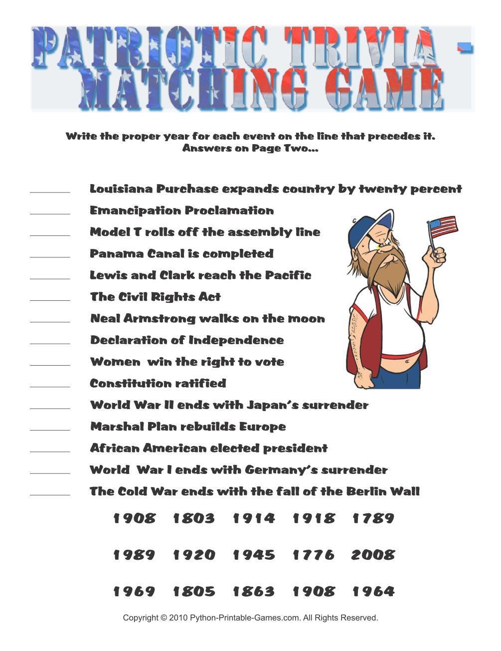 4th Of July Trivia Printable Worksheets