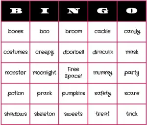 Free Halloween Bingo Cards with Words