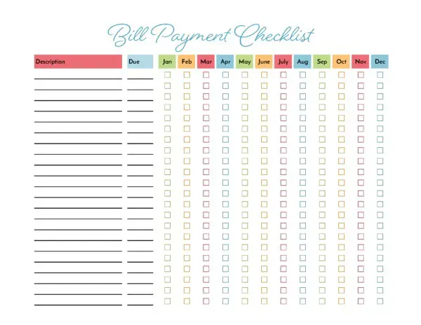 Printable Bill Pay Checklist