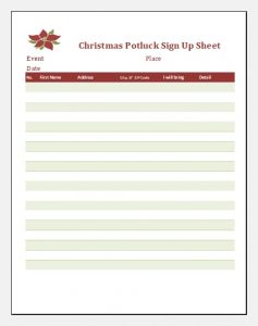 Christmas Potluck Sign Up Sheet